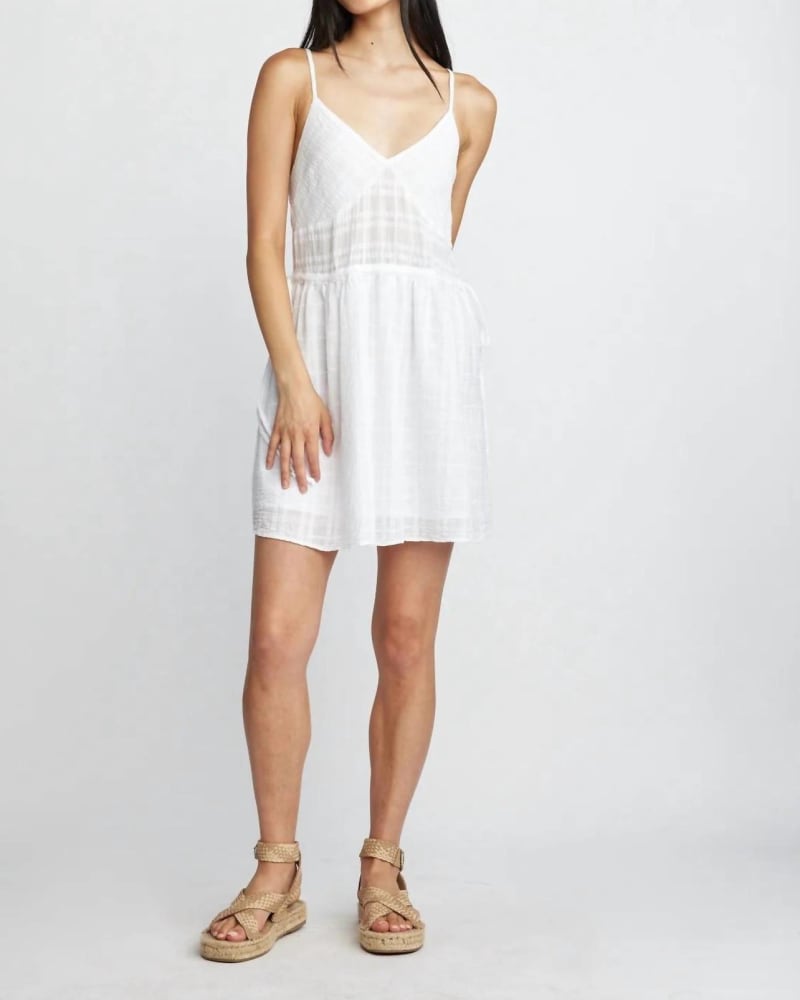 Front of a model wearing a size L Donna Waist Tie Dress In White Santorini in White Santorini by Self Contrast. | dia_product_style_image_id:350871